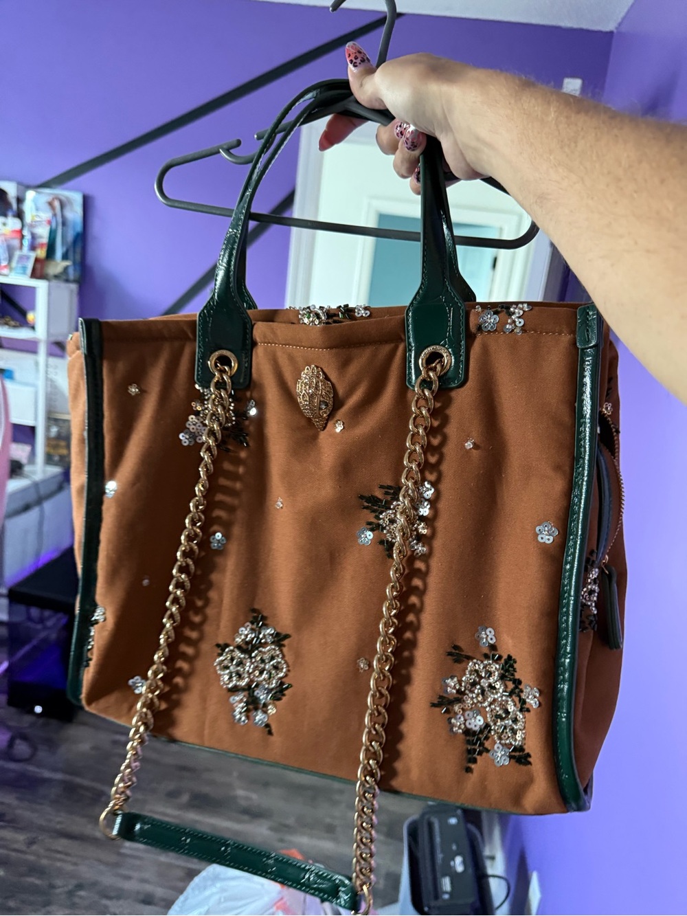 Kurt Geiger Brown Shoulder Bag with Green Trim and Gold Chain